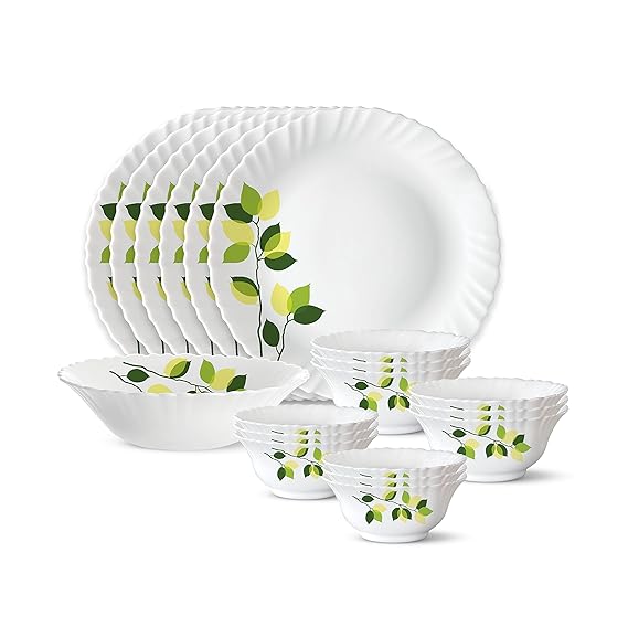Larah by Borosil Green Leaves Silk Series Opalware Dinner Set | 19 Pieces for Family of 6 | Microwave & Dishwasher Safe | Bone-Ash Free | Crockery Set for Dining & Gifting | Plates & Bowls | White