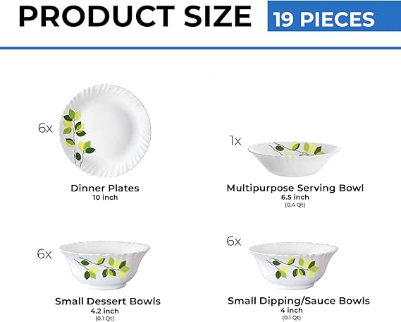 Larah by Borosil Green Leaves Silk Series Opalware Dinner Set | 19 Pieces for Family of 6 | Microwave & Dishwasher Safe | Bone-Ash Free | Crockery Set for Dining & Gifting | Plates & Bowls | White - Image 2