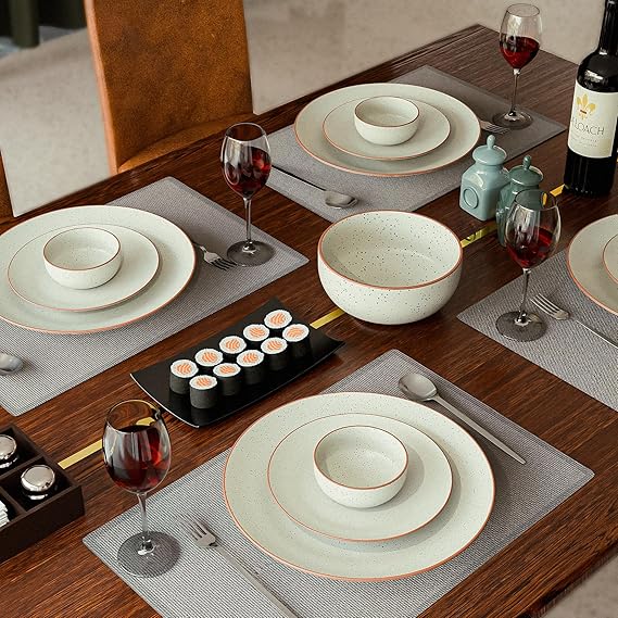 The Earth Store Handcrafted White Matte Brown 21 Piece Ceramic Dinner Set, 6 Full Dinner Plates, 6 Quarter Plates, 6 Vegetable Bowls, 3 Snack Bowls | Microwave & Dishwasher Safe | Diwali Gift - Image 2