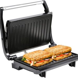 WisTec Grill Sandwich Maker 1000 Watt Panini Griller With 180° For Open And Close Grilling With Adjustable Hinges and Non Stick Coating Plate With Heat Resistance Handle (Steel) (1000 watt)