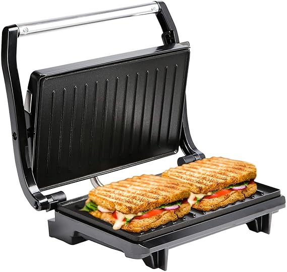 WisTec Grill Sandwich Maker 1000 Watt Panini Griller With 180° For Open And Close Grilling With Adjustable Hinges and Non Stick Coating Plate With Heat Resistance Handle (Steel) (1000 watt)